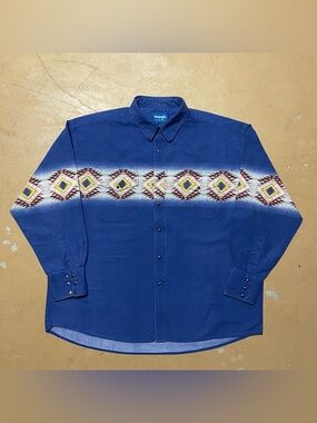 Vintage Wrangler Blue Aztec Pearl-Snap Western Shirt Sized Large